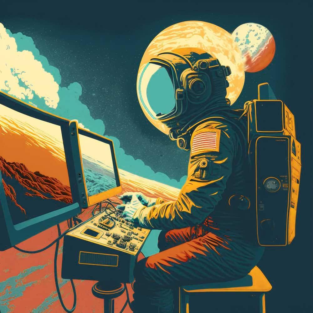 Illustration représentant un astronaute travaillant sur la conception de sites web à l'Agence The Missing One