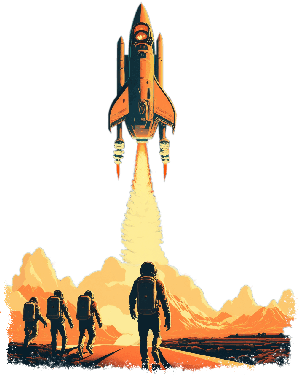 Illustration d'une équipe d'astronaute avançant faire une fusée, faite par l'Agence SEO The Missing One
