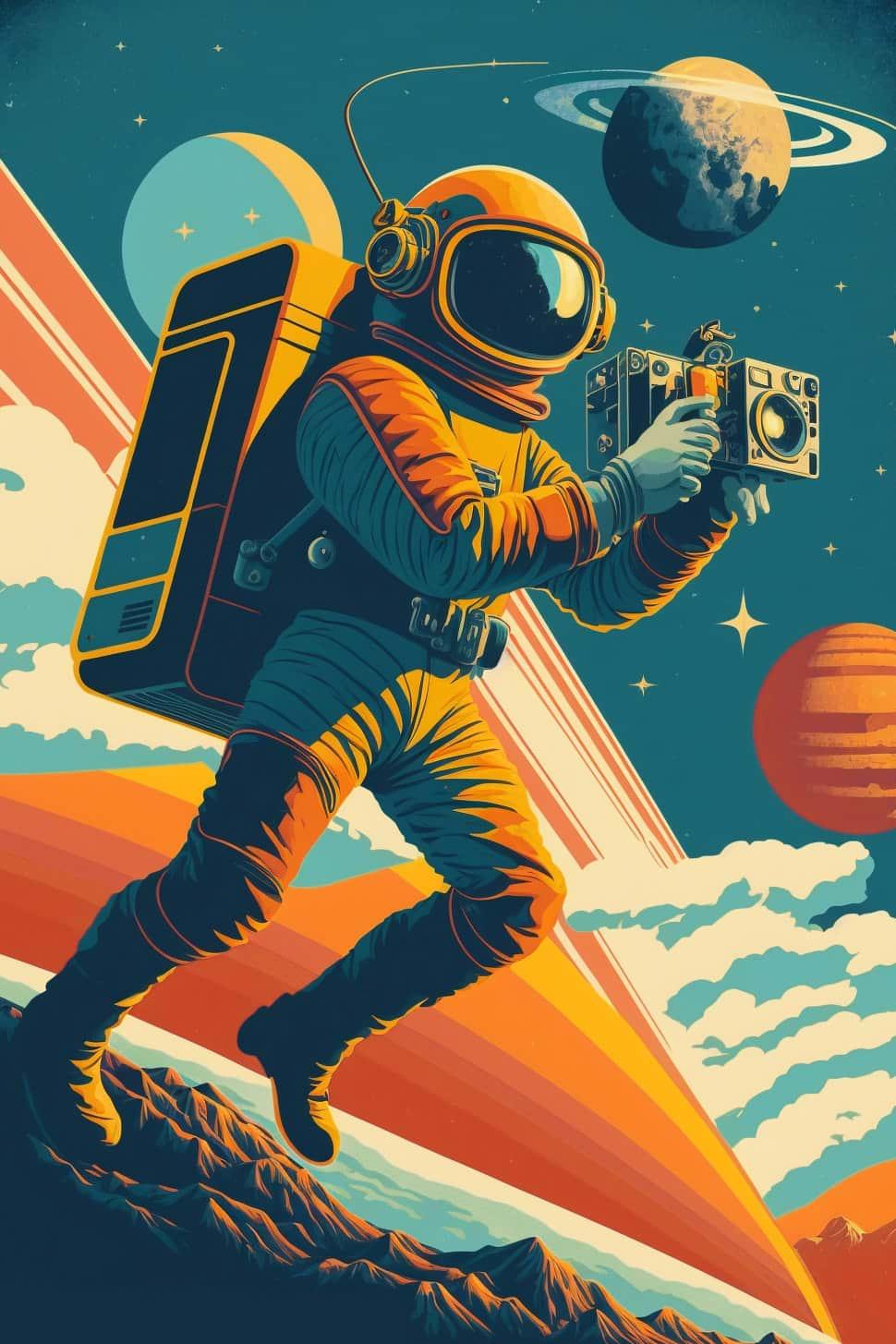 Illustration représentant un astronaute en mission de création vidéo à l'Agence The Missing One