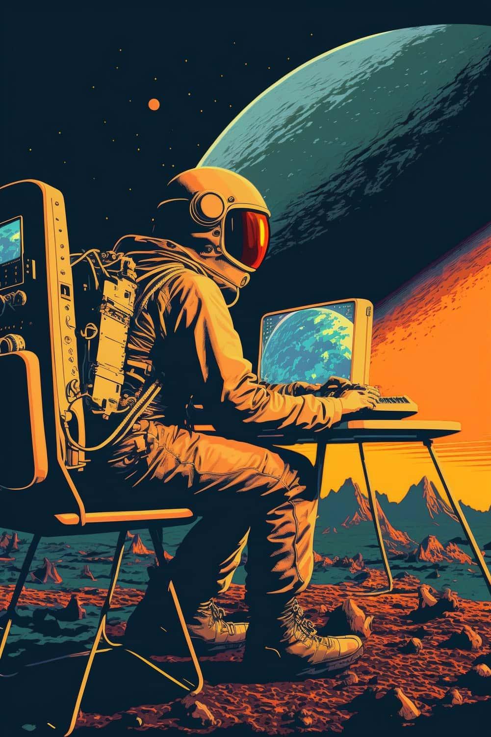 Illustration représentant un astronaute travaillant sur la conception de sites web à l'Agence The Missing One